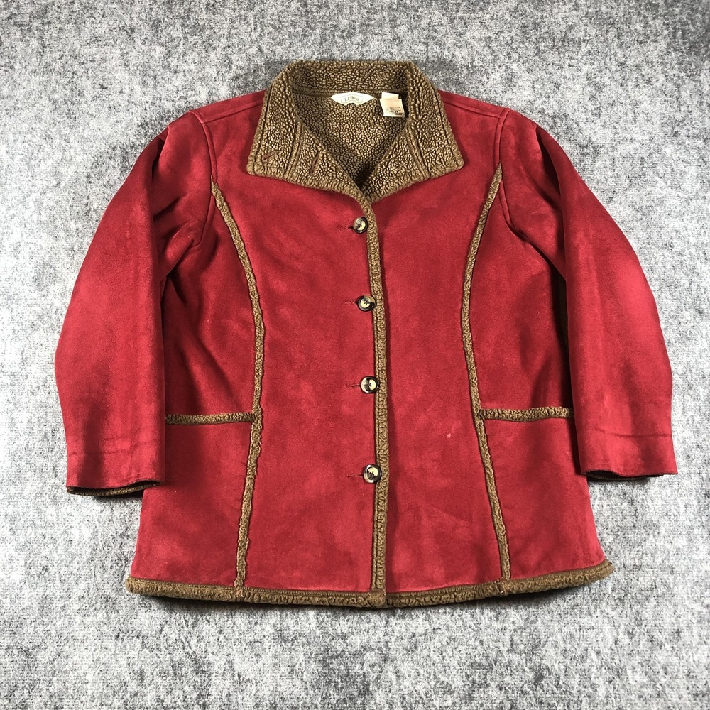 L.L.Bean Jacket Womens Petite‎ Medium Red Faux Suede Sherpa Lined Warm Coat